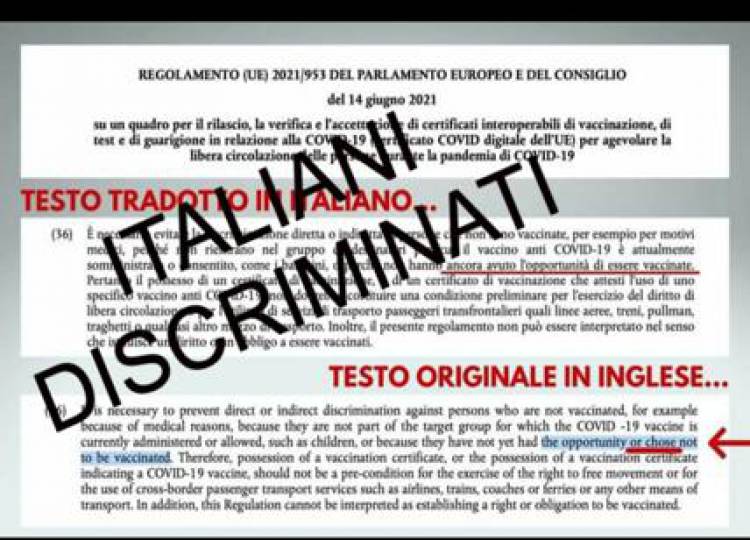 Green Pass UE: nella traduzione italiana scompare la libertà di non vaccinarsi